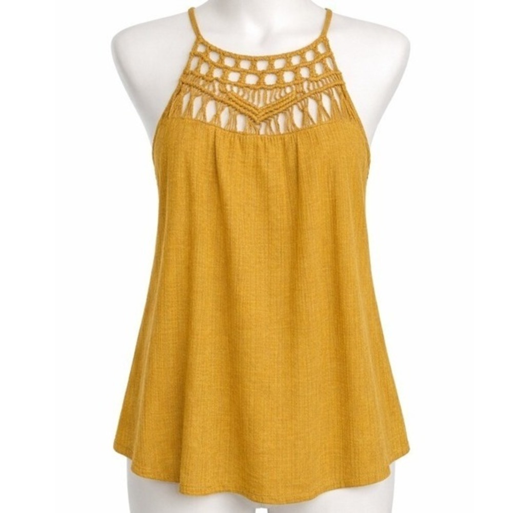 Crochet‎ Macrame Boho Tank Top Womens S Mustard Yellow Sleeveless Cottagecore